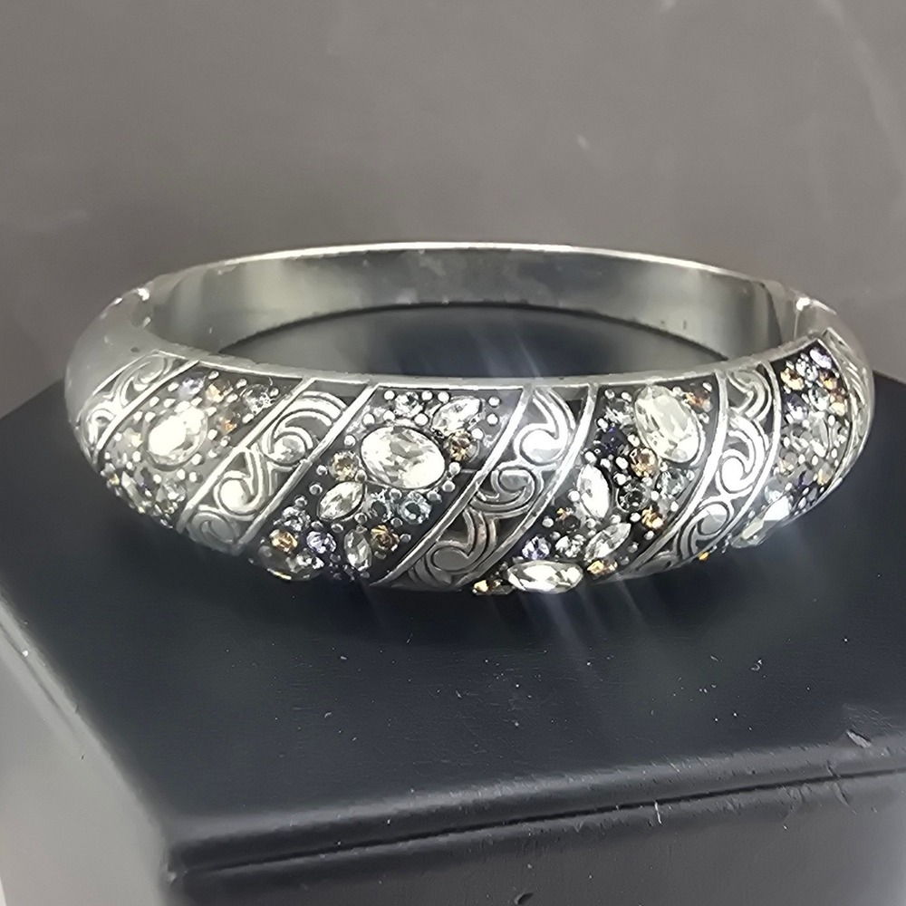 Brighton Bangle Silver Tone Scroll Filigree Rhinestone Hinge Bracelet 6.5